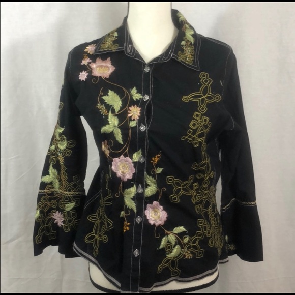 Johnny Was Embroidered Flare Sleeved Floral Blouse - Picture 1 of 7